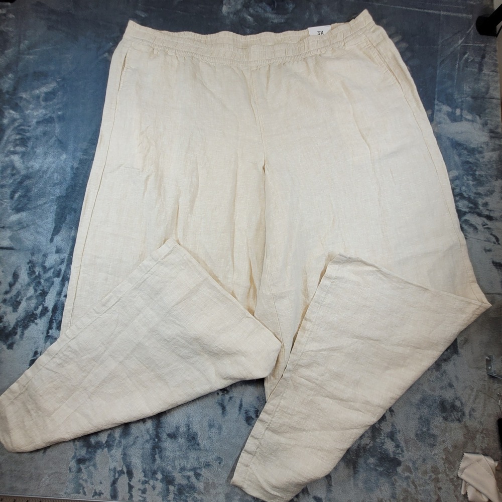 Lands End‎ Womens 3X 24W-26W High Rise 100% Linen Wide Leg Pants Beige NEW